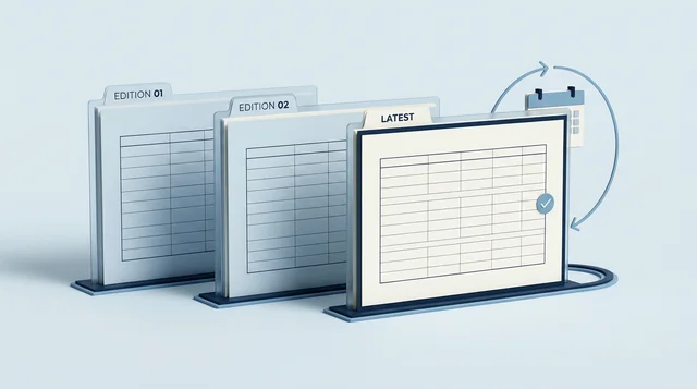 Successive workbook editions, with the latest highlighted and a refresh symbol.