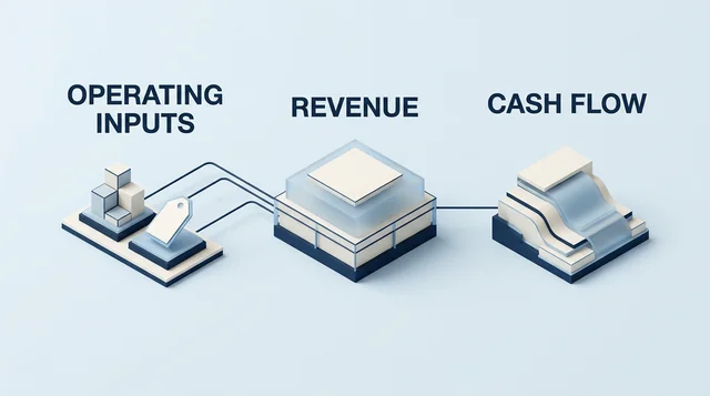 Operating inputs connect to revenue and then cash flow.