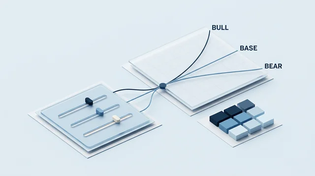 Assumption sliders connect to bear, base and bull scenarios and a sensitivity grid.